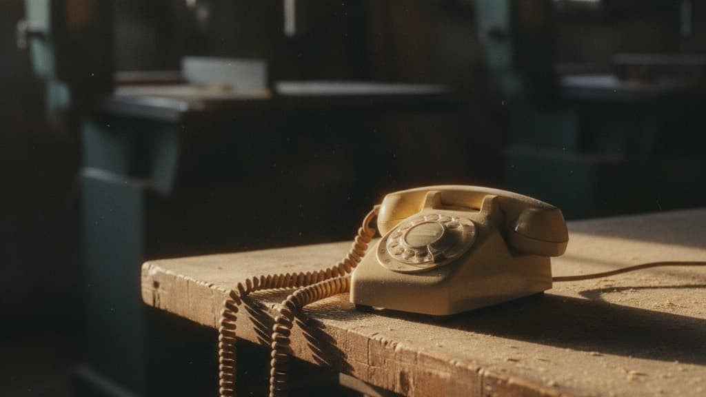 An old corded telephone on a dusty workbench in an empty woodshop