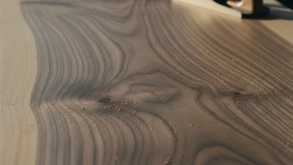 Close view of the figured grain of a wide walnut slab with a hand plane at the edge
