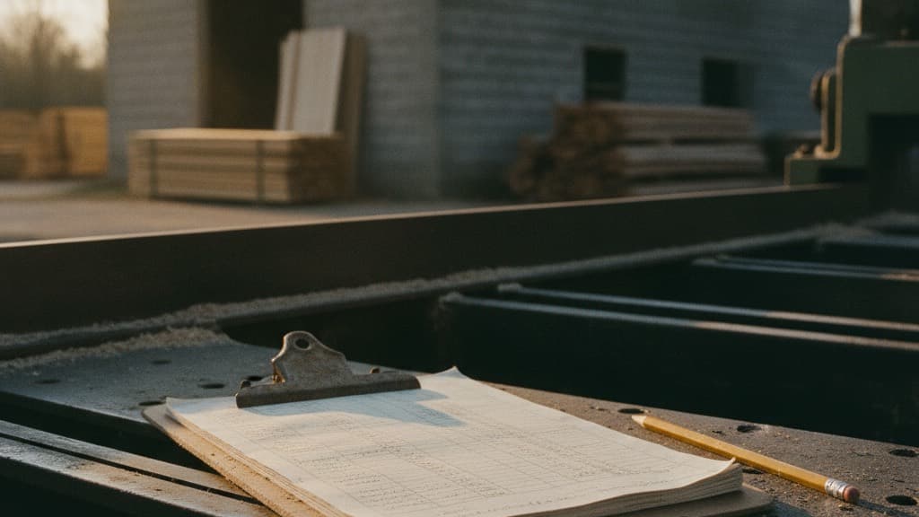 A worn clipboard and paper ledger resting on the steel deck of a band sawmill