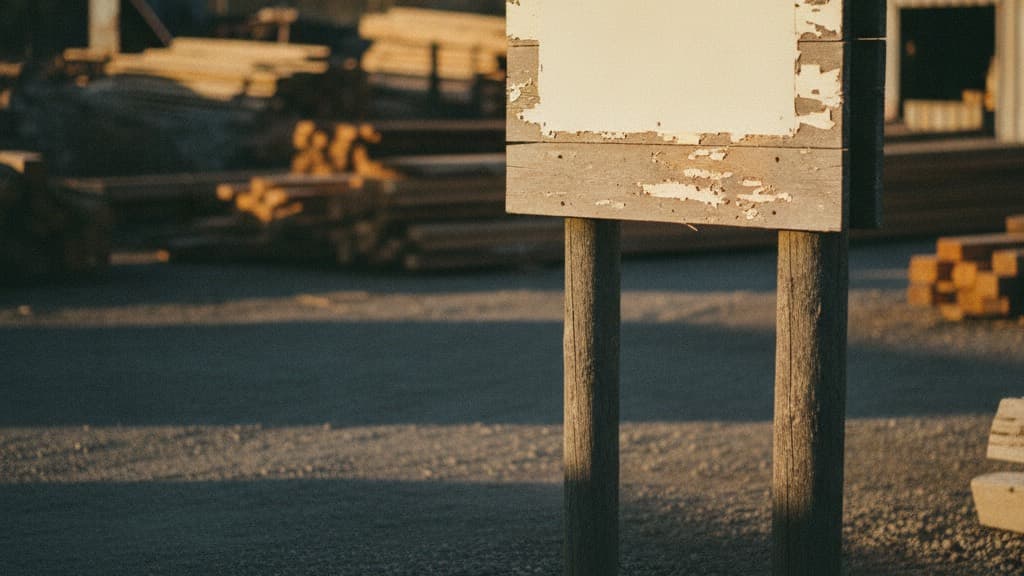 A blank weathered sign board at the gravel entrance to a small sawmill at golden hour
